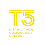 Yellow text on a white background reads T5 in large, bold letters, with District for Commerce & Culture and Business Center written below in smaller uppercase letters.