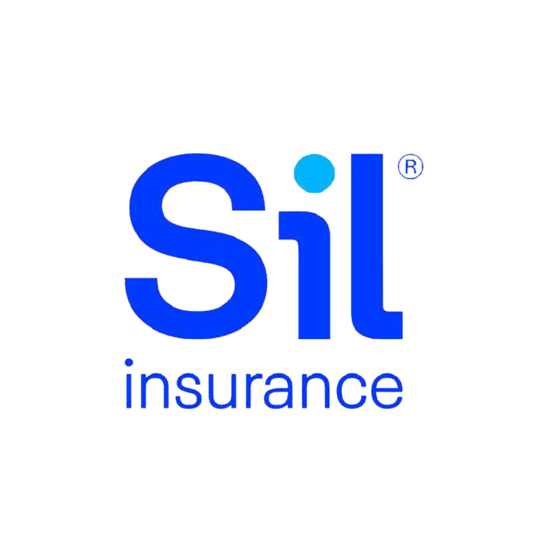 Լոգո՝ մեծ կապույտ տառերով Sil բառով, i-ի վերևում կապույտ կետով, իսկ ներքևում ավելի փոքր կապույտ տառերով՝ insurance բառով, բոլորը բաց մոխրագույն ֆոնի վրա՝ իդեալական է ժամանակակից տեսք փնտրող բիզնես կենտրոնի համար։.