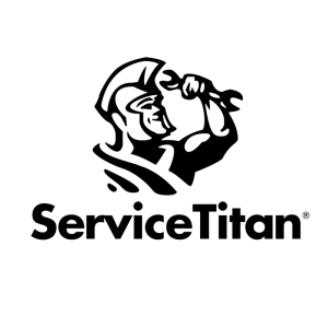 Black and white logo featuring a muscular figure in a helmet holding a wrench above the words ServiceTitan in bold letters, ideal for any Business Center, set against a light background.