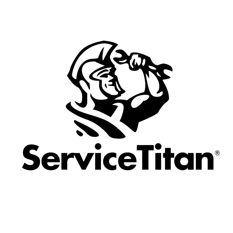 Black and white logo featuring a muscular figure in a helmet holding a wrench above the words ServiceTitan in bold letters, ideal for any Business Center, set against a light background.