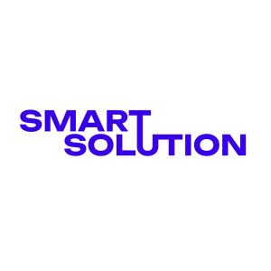 Blue text on a white background spells “SMART SOLUTION,” with the letter “T” in “SMART” cleverly extending down to form the “T” in “SOLUTION,” reflecting the innovative spirit of a Բիզնես կենտրոն.